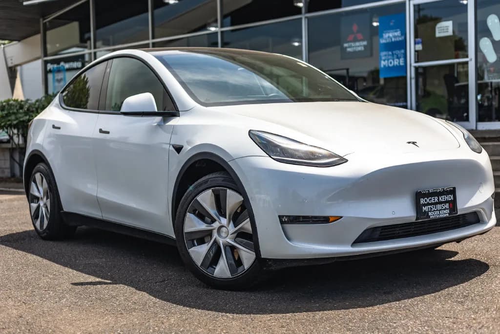 2021 Tesla Model Y Long Range in Pearl White Multi-Coat for sale at Roger Kehdi Mitsubishi near Portland, Oregon