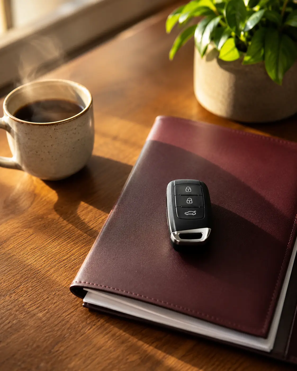 Car key resting on a leather portfolio beside coffee — trade in or sell your vehicle to RSK Auto Group
